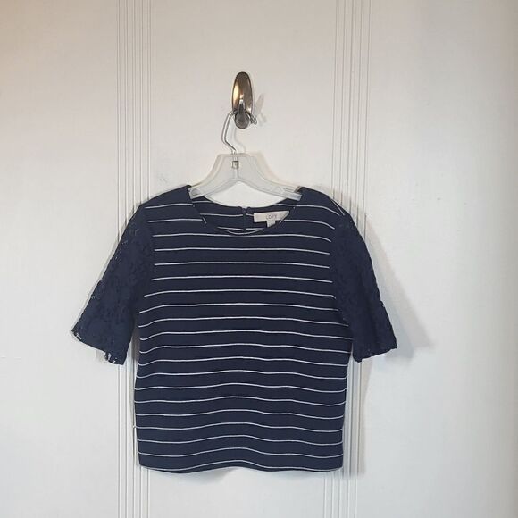 Ann Taylor Loft Blue & White Striped Top With Lace Sleeves - Picture 1 of 9